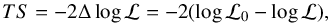 \begin{equation} TS=-2\Delta \log{\mathcal{L}} = -2 (\log{\mathcal{L}_0} - \log{\mathcal{L}} ), \label{eq:TS} \end{equation}