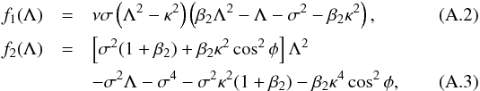 \appendix \setcounter{section}{1} \begin{eqnarray} f_1(\Lambda) &=& \nu\sigma\left(\Lambda^2 - \kappa^2\right) \left(\beta_2\Lambda^2 - \Lambda - \sigma^2 - \beta_2\kappa^2\right), \label{eq:C2} \\ f_2(\Lambda) &=& \left[\sigma^2(1 + \beta_2) + \beta_2\kappa^2\cos^2\phi\right]\Lambda^2 \nonumber\\ &&- \sigma^2\Lambda - \sigma^4 - \sigma^2\kappa^2(1 + \beta_2) - \beta_2\kappa^4\cos^2\phi, \label{eq:C3} \end{eqnarray}