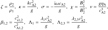 \begin{eqnarray} &&\zeta = \frac{\rho_2}{\rho_1}, \;\, \kappa = \frac{kc_{\rm A2}^2}g, \;\: \sigma = -\frac{{\rm i}\omega c_{\rm A2}}{g} , \;\: \chi = \frac{B_1^2}{B_2^2}, \;\: \nu = \frac{g\eta_{\rm A}}{c_{\rm A2}^3} , \nonumber\\ &&\beta_{1,2} = \frac{c_{\rm s1,2}^2}{c_{\rm A1,2}^2}, \;\; \Lambda_1 = \frac{\lambda_1 c_{\rm A2}^2}g, \;\; \Lambda_{2,3} = \frac{\lambda_{2,3} c_{\rm A2}^2}g \cdot \label{eq:3.3.1} \end{eqnarray}