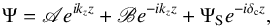 \begin{equation} \Psi = \mathscr{A} e^{i k_z z} + \mathscr{B} e^{-i k_z z} + \Psi_{\rm S} e^{- i \delta_{\rm c} z} , \end{equation}