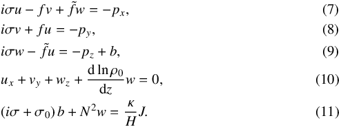 \begin{eqnarray} \label{eqprim1} &&i \sigma u - f v + \tilde{f} w = - p_x , \\ &&i \sigma v + f u = - p_y , \\ \label{eqprim3} &&i \sigma w - \tilde{f} u = -p_z + b , \\ &&u_x + v_y + w_z + \frac{{\rm d} \ln \rho_0}{{\rm d}z} w = 0, \\ \label{eqprim5} && \left( i \sigma + \sigma_0 \right) b + N^2 w = \frac{\kappa}{H} J. \end{eqnarray}