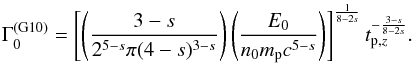 \begin{eqnarray} \label{eq:G10} \Gamma_{0}^{\rm (G10)} = \left[\left(\frac{3-s}{2^{5-s}\pi(4-s)^{3-s}}\right) \left(\frac{E_0}{n_0 m_{\rm p}c^{5-s}}\right)\right]^{\frac{1}{8-2s}} t_{\rm p, \it z}^{-\frac{3-s}{8-2s}} . \end{eqnarray}