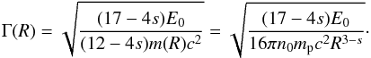 \begin{equation} \label{eq:BM76} \Gamma(R)=\sqrt{\frac{(17-4s)E_0}{(12-4s)m(R)c^2}}=\sqrt{\frac{(17-4s)E_0}{16\pi n_0 m_{\rm p} c^2 R^{3-s}}}\cdot \end{equation}