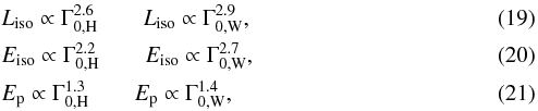\begin{eqnarray} &&L_{\rm iso}\propto \Gamma_{0,\rm H}^{2.6} \,\,\,\,\,\,\,\,\,\,\,\, L_{\rm iso}\propto \Gamma_{0,\rm W}^{2.9} ,\\ &&E_{\rm iso}\propto \Gamma_{0,\rm H}^{2.2} \,\,\,\,\,\,\,\,\,\,\,\, E_{\rm iso}\propto \Gamma_{0,\rm W}^{2.7} ,\\ &&E_{\rm p}\propto \Gamma_{0,\rm H}^{1.3} \,\,\,\,\,\,\,\,\,\,\,\, E_{\rm p}\propto \Gamma_{0,\rm W}^{1.4} \label{corre} , \end{eqnarray}