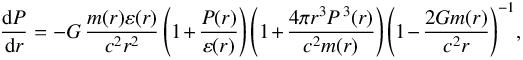 \begin{equation} \frac{{\rm d}P}{{\rm d}r} = -G \, \frac{m(r)\varepsilon(r)}{c^2 r^2} \, \Bigg( 1 + \frac{P(r)}{\varepsilon(r)}\Bigg) \, \Bigg( 1 + \frac{4\pi r^3 P^{\,3}(r)}{c^2 m(r)}\Bigg) \, \Bigg( 1 - \frac{2 G m(r)}{c^2 r}\Bigg)^{-1} , \label{tov} \end{equation}