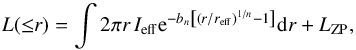 \begin{equation} L({\leq}r) = \int 2 \pi r \, I_{\rm eff} {\rm e}^{-b_n\left[ (r/r_{\rm eff})^{1/n} -1 \right]} {\rm d}r + L_{\rm ZP} {\rm ,} \label{eq:sersic} \end{equation}