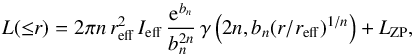 \begin{equation} L({\leq}r) = 2 \pi n \, r_{\rm eff}^2 \, I_{\rm eff} \, \frac{{\rm e}^{b_n}}{b_n^{2n}} \, \gamma \left( 2n,b_n(r/r_{\rm eff})^{1/n} \right) + L_{\rm ZP} {\rm ,} \label{eq:sersic_i} \end{equation}