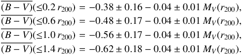 \begin{equation} \begin{array}{lll} \overline{(B-V)}({\leq}0.2 \, r_{200}) & \!\!\!\!= & \!\!\!\!-0.38\pm0.16 - 0.04\pm0.01\,M_V(r_{200}) {\rm ,}\\ \overline{(B-V)}({\leq}0.6 \, r_{200}) & \!\!\!\!= & \!\!\!\!-0.48\pm0.17 - 0.04\pm0.01\,M_V(r_{200}) {\rm ,}\\ \overline{(B-V)}({\leq}1.0 \, r_{200}) & \!\!\!\!= & \!\!\!\!-0.56\pm0.17 - 0.04\pm0.01\,M_V(r_{200}) {\rm ,}\\ \overline{(B-V)}({\leq}1.4 \, r_{200}) & \!\!\!\!= & \!\!\!\!-0.62\pm0.18 - 0.04\pm0.01\,M_V(r_{200}) {\rm .}\\ \end{array} \end{equation}