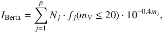 \begin{equation} I_{\rm Berta} = \sum_{j=1}^{p} N_j \cdot f_j(m_V \leq 20) \cdot 10^{-0.4 m_j}, \label{eq:berta_flux} \end{equation}