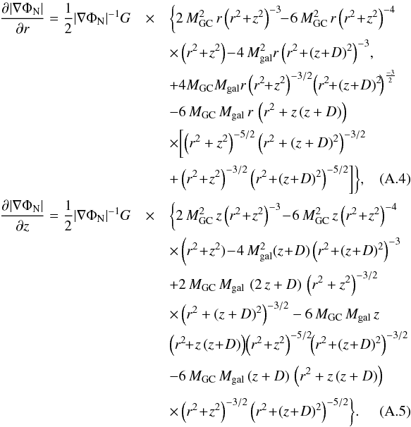 \appendix \setcounter{section}{1} \begin{eqnarray} \frac{\partial |\nabla \Phi_{\rm N}|}{\partial r} = \frac{1}{2} |\nabla \Phi_{\rm N}| ^{-1} G&\times& \biggl\lbrace 2 \, M_{\rm GC}^2\, r \left(r^2\!+\!z^2\right)^{-3} \!\!-\! 6\, M_{\rm GC}^2\, r \left(r^2\!+\!z^2\right)^{-4}\notag\\ &&\times\left (r^2\!+\!z^2\right) \!-\! 4\,M_{\rm gal}^2r \left(r^2\!+\!(z\!+\!D)^2\right)^{-3}\! ,\notag\\ && + 4M_{\rm GC} M_{\rm gal} r \left(r^2\!\!+\!z^2\right)^{-3/2}\! \left(r^2\!\!+\!(z\!+\!D)^2\!\right)^{\frac{-3}{2}} \notag\\ && - 6\,M_{\rm GC} \, M_{\rm gal} \,r \, \left(r^2+z\,(z+D)\right)\notag\\ && \times \biggl[ \left(r^2+z^2\right)^{-5/2} \left(r^2+(z+D)^2\right)^{-3/2}\notag\\ & &+ \left(r^2\!+\!z^2\right)^{-3/2} \left(r^2\!+\!(z\!+\!D)^2\right)^{-5/2}\biggr] \biggr\rbrace, \\ \frac{\partial |\nabla \Phi_{\rm N}|}{\partial z} = \frac{1}{2} |\nabla \Phi_{\rm N}| ^{-1} G&\times& \biggl\lbrace 2 \, M_{\rm GC}^2\, z \left(r^2\!+\!z^2\right)^{-3} \!-\! 6\, M_{\rm GC}^2\, z \left(r^2\!+\!z^2\right)^{-4} \notag\\ &&\times\left(r^2\!+\!z^2) \!-\! 4\,M_{\rm gal}^2(z\!+\!D) \left(r^2\!+\!(z\!+\!D)^2\right)^{-3} \right. \notag\\ && + 2\,M_{\rm GC} \, M_{\rm gal} \, \left(2\,z +D\right) \, \left(r^2+z^2\right)^{-3/2}\notag\\ &&\times \left(r^2+(z+D)^2\right)^{-3/2} - 6\,M_{\rm GC} \, M_{\rm gal} \,z \notag\\ && \left(r^2\!\!+\!z\,(z\!+\!D)\right) \! \left(r^2\!+\!z^2\right)^{-5/2}\!\! \left(r^2\!+\!(z\!+\!D)^2\right)^{-3/2}\notag\\ && \biggl. - 6\,M_{\rm GC} \, M_{\rm gal} \,(z+D) \, \left(r^2+z\,(z+D)\right) \notag\\ &&\times\left(r^2\!+\!z^2\right)^{-3/2} \left(r^2\!+\!(z\!+\!D)^2\right)^{-5/2} \biggr\rbrace. \end{eqnarray}