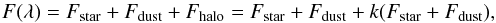 \begin{equation} F(\lambda) = F_\mathrm{star} + F_\mathrm{dust} + F_\mathrm{halo} = F_\mathrm{star} + F_\mathrm{dust} + k(F_\mathrm{star} + F_\mathrm{dust}) , \end{equation}