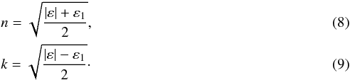 \begin{eqnarray} &&n=\sqrt{\frac{|\varepsilon |+\varepsilon_1}{2}} ,\\ &&k=\sqrt{\frac{|\varepsilon |-\varepsilon_1}{2}}\cdot \end{eqnarray}
