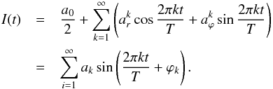 \begin{eqnarray} \label{harmonic} I(t)&=& \frac{a_{0}}{2}+\sum_{k=1}^{\infty} \left(a_{r}^{k}\cos\frac{2\pi k t}{T}+a_{\varphi}^{k} \sin\frac{2\pi k t}{T}\right) \nonumber \\ &=& \sum_{i=1}^{\infty}a_{k} \sin\left(\frac{2\pi k t}{T}+\varphi_{k}\right) . \end{eqnarray}