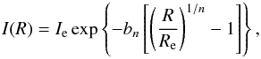 \begin{equation} I(R)=I_{\rm e}\exp \left \{ -b_n \left [\left ( \frac{R}{R_{\rm e}}\right )^{1/n}-1\right]\right \} \mbox{,} \label{eq:sersic} \end{equation}