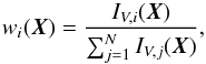 \begin{equation} w_i(\vec{X}) = \frac{I_{V,i}(\vec{X})}{\sum_{j=1}^NI_{V,j}(\vec{X})}\mbox{,} \end{equation}