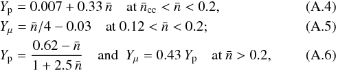 \appendix \setcounter{section}{1} \begin{eqnarray} && Y_\pp = 0.007+0.33\,\nbar \quad \mbox{at }\nbar_\mathrm{cc} < \nbar < 0.2, \\&& Y_\mu = \nbar/4-0.03 \quad \mbox{at }0.12 < \nbar < 0.2; \\&& Y_\pp = \frac{0.62-\nbar}{1+2.5\,\nbar} \quad\mbox{and~~} Y_\mu = 0.43\,Y_\pp \quad \mbox{at }\nbar > 0.2, \end{eqnarray}