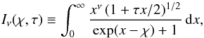 \appendix \setcounter{section}{2} \begin{equation} I_\nu(\chi,\tau) \equiv \int_0^\infty \frac{ x^\nu\,(1+\tau x/2)^{1/2} }{ \exp(x-\chi)+1 }\,{\dd}x \label{I_nu} , \end{equation}