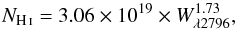 \begin{equation} N_{\ion{H}{i}} = 3.06\times 10^{19} \times W_{\lambda 2796}^{1.73} \label{column_density_mgii} , \end{equation}
