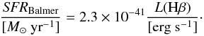 \begin{equation} \frac{\textit{SFR}_{\rm Balmer}}{[{M}_\odot \text{ yr}^{-1}]} = 2.3 \times 10^{-41} \frac{{L}(\text{H}\beta)}{[\text{erg s}^{-1}]} \label{kennicutt_sfr_ha_hb} \cdot \end{equation}