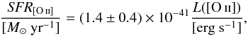 \begin{equation} \frac{\textit{SFR}_{[\ion{O}{ii}]}}{[{M}_\odot \text{ yr}^{-1}]} = (1.4\pm 0.4) \times 10^{-41} \frac{{L}([\ion{O}{ii}])}{[\text{erg s}^{-1}]} \label{kennicutt_sfr_oii} , \end{equation}