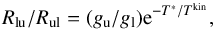 \appendix \setcounter{section}{1} \begin{equation} R_{\rm lu}/R_{\rm ul} = (g_{\rm u}/g_{\rm l}) {\rm e}^{-T^*/T^{\rm kin}}, \end{equation}