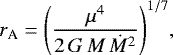 \begin{equation} r_{\rm A}=\left( {{\mu^4}\over{2\,G\,M\,\mdot^2}} \right)^{1/7}\!, \label{eqn1} \end{equation}