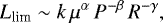 \begin{equation} L_{\rm lim}\sim k\,\mu^{\alpha}\,P^{-\beta}\,R^{-\gamma} , \label{eqn4} \end{equation}