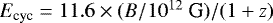 $E_{\rm cyc} =11.6\times (B/10^{12}\ {\rm G})/(1+z)$