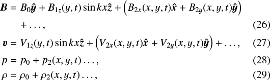 \begin{align} \vec{B} &= B_0 \vec{\hat{y}} &#x002B; B_{1z}(y,t)\sin kx \vec{\hat{z}} &#x002B; \left ( B_{2x}(x,y,t) \vec{\hat{x}} &#x002B; B_{2y} (x,y,t)\vec{\hat{y}}\right )\nonumber \\ &\quad&#x002B; \ldots ,\\ \vec{v} &= V_{1z}(y,t)\sin kx \vec{\hat{z}} &#x002B; \left ( V_{2x}(x,y,t) \vec{\hat{x}} &#x002B; V_{2y}(x,y,t) \vec{\hat{y}}\right ) &#x002B; \ldots ,\\ p &= p_0 &#x002B; p_2(x,y,t) \ldots ,\\ \rho &= \rho_0 &#x002B; \rho_2(x,y,t) \ldots ,\end{align}