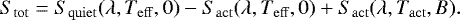 \begin{equation*} S_{\mathrm{tot}} = S_{\mathrm{quiet}}(\lambda,T_{\mathrm{eff}},0)- S_{\mathrm{act}}(\lambda,T_{\mathrm{eff}},0) + S_{\mathrm{act}}(\lambda,T_{\mathrm{act}},B).\end{equation*}