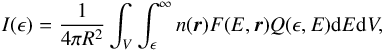 \appendix \setcounter{section}{2} \begin{equation} I(\epsilon) = \frac{1}{4 \pi R^{2}} \int_{V} \int_{\epsilon}^{\infty} n(\vec{r}) F(E,\vec{r}) Q(\epsilon, E) {\rm d}E {\rm d}V, \label{x-ray_spectrum} \end{equation}