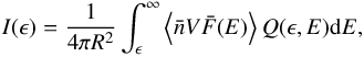 \appendix \setcounter{section}{2} \begin{equation} I(\epsilon) = \frac{1}{4 \pi R^{2}} \int_{\epsilon}^{\infty} \left\langle \bar{n} V \bar{F}(E) \right\rangle Q(\epsilon, E) {\rm d}E , \label{int_x-ray_spectrum} \end{equation}