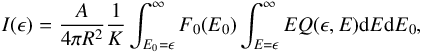 \appendix \setcounter{section}{2} \begin{equation} I(\epsilon) = \frac{A}{4 \pi R^{2}} \frac{1}{K} \int_{E_{0}=\epsilon}^{\infty} F_{0}(E_{0}) \int_{E=\epsilon}^{\infty} E Q(\epsilon, E) {\rm d}E {\rm d}E_{0}, \label{} \end{equation}
