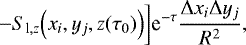 \begin{equation} -S_{{\rm l},z} \Big(x_i,y_j,z(\tau_0)\Big)\bigg] {\rm e}^{-\tau } \frac{ \mathrm{\Delta} x_i \mathrm{\Delta} y_j}{R^2} \label{Eq: finalCU}, \end{equation}
