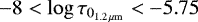$-8 < \log\tau_{0_{1.2\, \mu \rm m}}<-5.75$