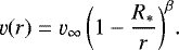 \begin{equation*}\varv(r) = \varv_{\infty} \left( 1 - \frac{R_{\ast}}{r} \right)^{\beta}\!. \end{equation*}