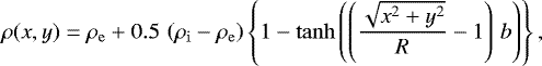 $ \rho(x,y) = \rho_{\mathrm{e}} &#x002B; 0.5\, \left( \rho_{\mathrm{i}} - \rho_{\mathrm{e}} \right) \left\{ 1-\tanh\left( \left( \dfrac{\sqrt{x^2&#x002B;y^2}}{R}-1\right) \,b \right) \right\}, $