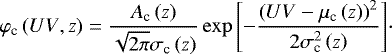 \begin{equation*} \varphi_{\textrm{c}}\left({UV},z\right) = \frac{{A}_{\textrm{c}}\left(z\right)}{\sqrt{2\pi}\sigma_{\textrm{c}}\left(z\right)}\exp{\left[-\frac{\left({UV}-\mu_{\textrm{c}}\left(z\right)\right)^2}{2\sigma_{\textrm{c}}^2\left(z\right)}\right]}\cdot\end{equation*}