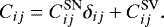 \begin{equation*} C_{ij} = C_{ij}^{\textrm{SN}} \delta_{ij} + C_{ij}^{\textrm{SV}}.\end{equation*}