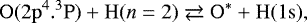 \begin{equation*} \mathrm{O}(2\mathrm{p}^4.^3\mathrm{P}) &#x002B; \mathrm{H}(n=2) \rightleftarrows \mathrm{O}^* &#x002B; \mathrm{H}(1\mathrm{s}), \end{equation*}