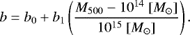 \begin{equation} b = b_0 &#x002B; b_1 \left( \frac{M_{500} - 10^{14}\ [M_{\odot}]}{10^{15}\ [M_{\odot}]} \right). \end{equation}