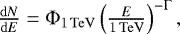 $\frac{\mathrm{d}N}{\mathrm{d}E} = \mathrm{\Phi}_{1\,\mathrm{TeV}} \left( \frac{E}{1\,\mathrm{TeV}} \right)^{-\mathrm{\Gamma}},$