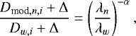 \begin{equation} \frac{D_{{\rm mod},n,i}+{\mathrm{\Delta}}}{D_{w,i}+{\mathrm{\Delta}}} = \left(\frac{\lambda_n}{\lambda_w}\right)^{-\alpha} \label{eq:fitfct} ,\end{equation}