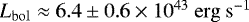 $L_{\mathrm{bol}} \approx 6.4 \pm 0.6 \times 10^{43}~\rm erg~s^{-1}$