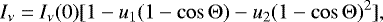 \begin{equation} \label{qadraticlimbdarklaw} I_\nu = I_\nu(0)[1-u_1(1 - \cos \mathrm{\Theta}) - u_2(1 - \cos \mathrm{\Theta})^2], \end{equation}
