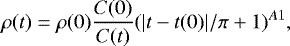 \begin{equation} \label{densitychangeA1} \rho(t) = \rho(0)\frac{C(0)}{C(t)}(|t-t(0)|/\pi+1)^{A1}, \end{equation}