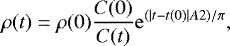 \begin{equation} \label{densitychangeA2} \rho(t) = \rho(0)\frac{C(0)}{C(t)}\mathrm{e}^{(|t-t(0)|A2)/\pi}, \end{equation}
