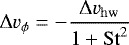 \begin{equation} {\rm{\Delta}} v_\phi = -\frac{{\rm{\Delta}} v_\mathrm{hw}}{1+\stokes^2} \label{eq:azimuthaldriftvelocity} \end{equation}