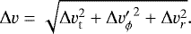 \begin{equation} {\rm{\Delta}} v=\sqrt{{\rm{\Delta}} v_\mathrm{t}^2+{{\rm{\Delta}} v_\phi^\prime}^2+{{\rm{\Delta}}} v_r^2}. \end{equation}