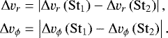 \begin{align} {\rm{\Delta}} v_r &= \left|{\rm{\Delta}} v_r\left(\stokes_1\right)-{\rm{\Delta}} v_r\left(\stokes_2\right)\right|, \\ {\rm{\Delta}} v_\phi &= \left|{\rm{\Delta}} v_\phi\left(\stokes_1\right)-{\rm{\Delta}} v_\phi\left(\stokes_2\right)\right|. \end{align}